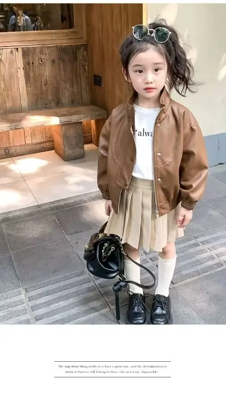 

Kid Outwear Solid Color Zipper Faux Leather Spring Autumn Pu JacketGirls Leather Jacket