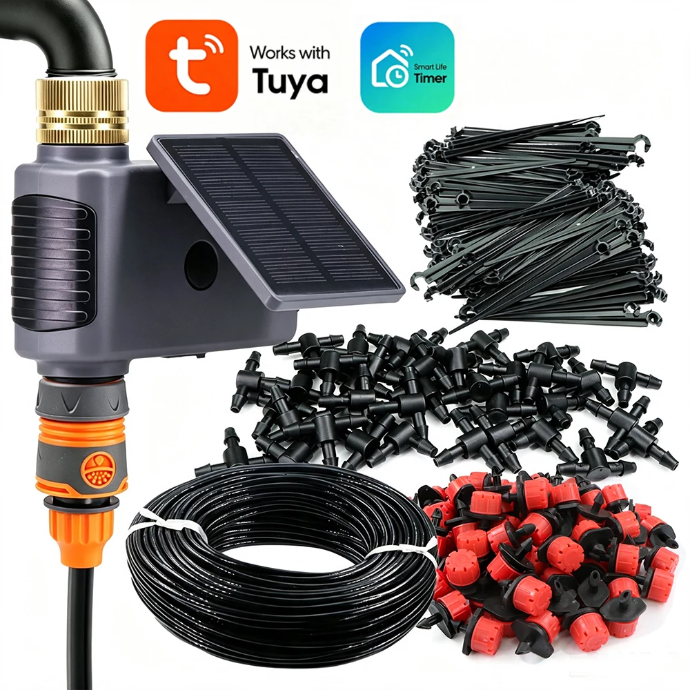 50M-5M Smart Solar Wifi Timer Drip Irrigation System for Garden Plants Pots Remote Controller Dropper Automatic Watering Kit