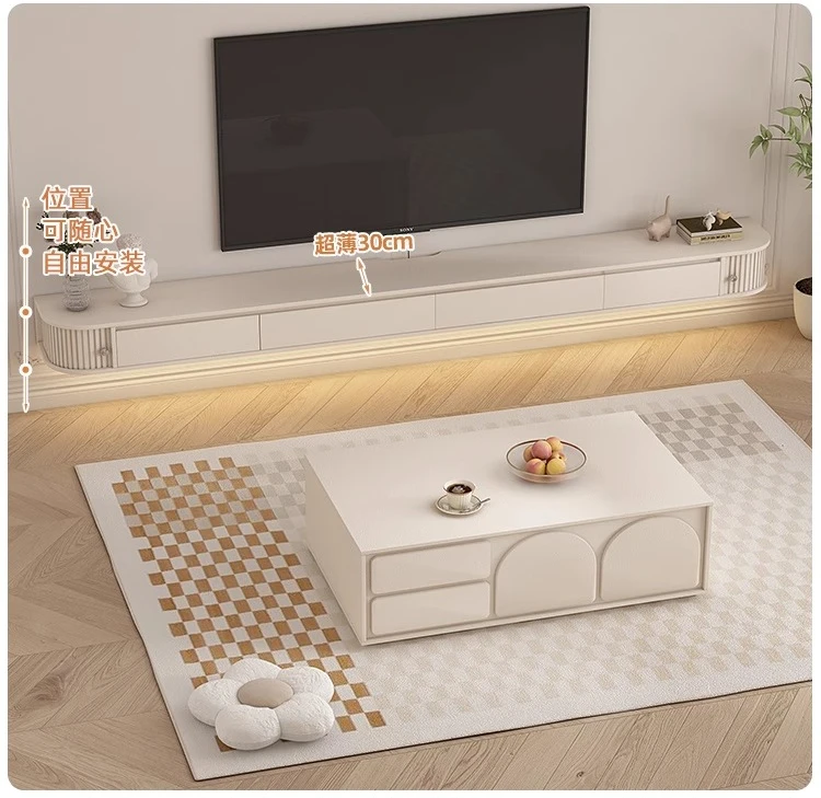 Cream Wind Suspended TV Background Wall Hanging Cabinet Wall Cabinet Living Room Household Suspended TV Cabinet Shielding Socket