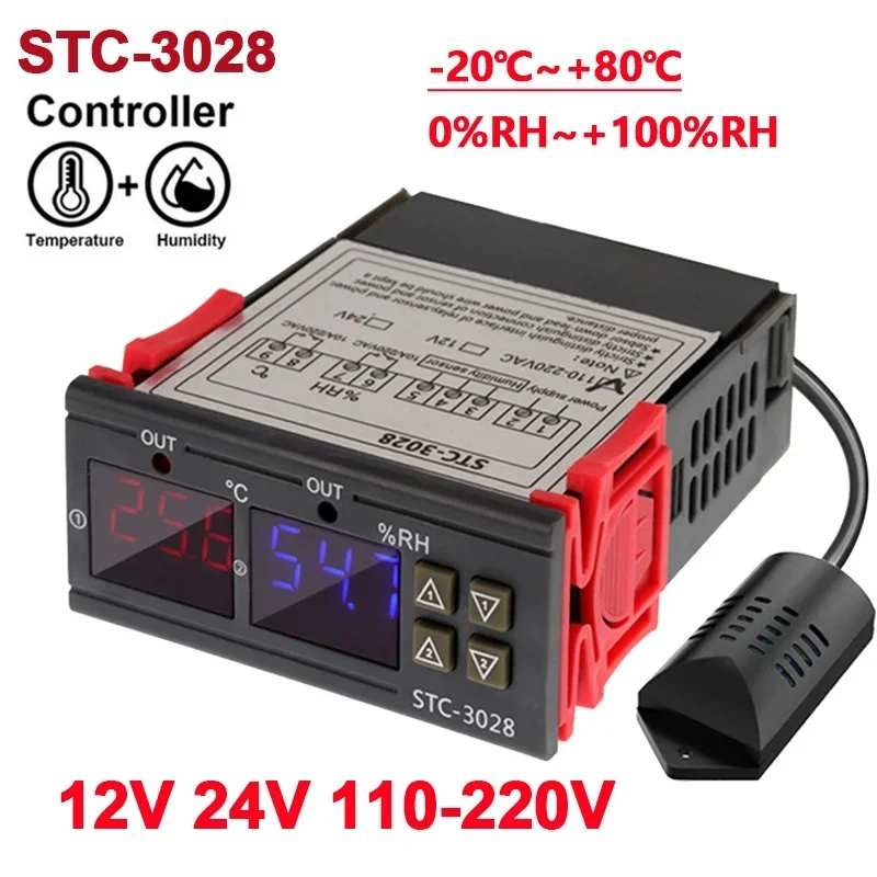 STC-3028 Thermostat Humidistat 110V 220V DC12/24V LED Dual Display Digital Temperature Humidity Controller for Indoor Incubator