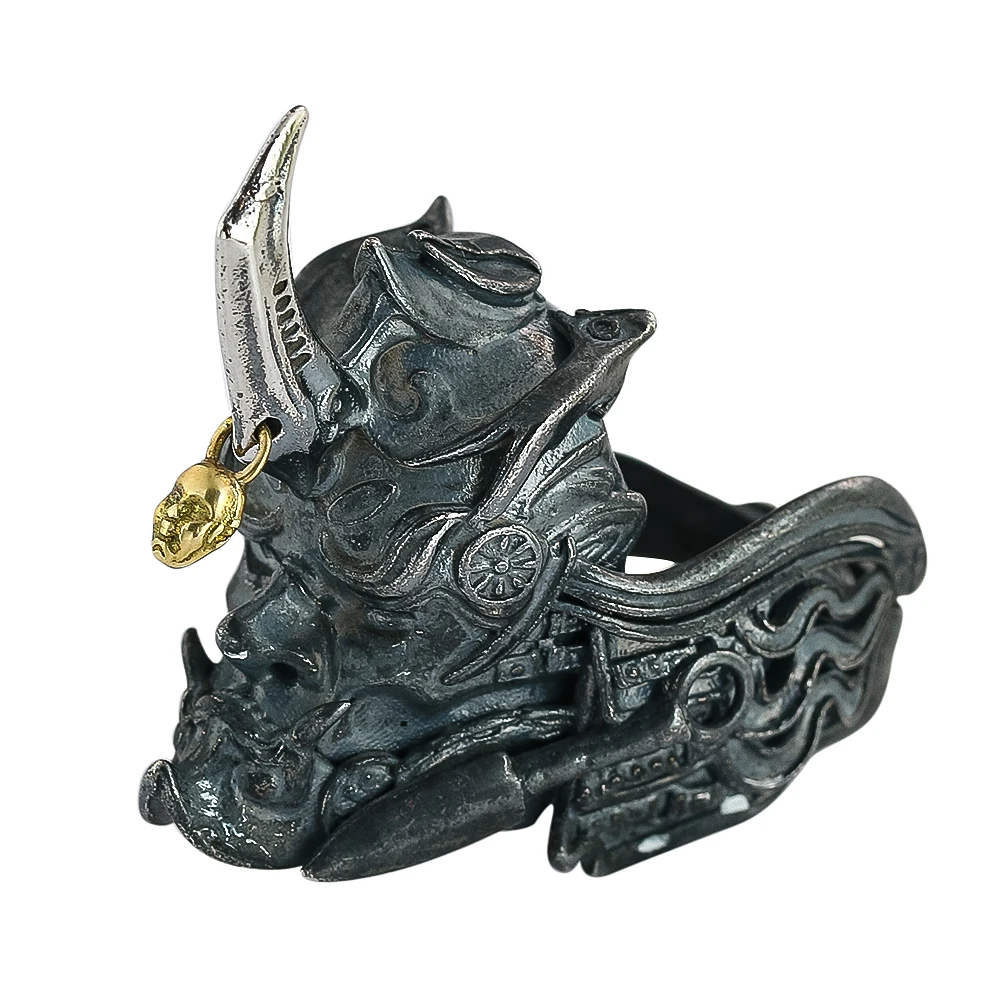 

Darkly Vintage Ring Japanese Samurai Mask Hannya Ghost King Long Horned Skull Ring for Men Gothic Punk Style Jewelry Luxury Gift