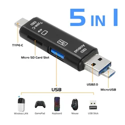 TYPE-C 5-in-1 multifunctionele kaartlezer Externe opslag Zwarte stretch voor Memory Stick USB 3.0 Mini-geheugenkaart Kaartlezer