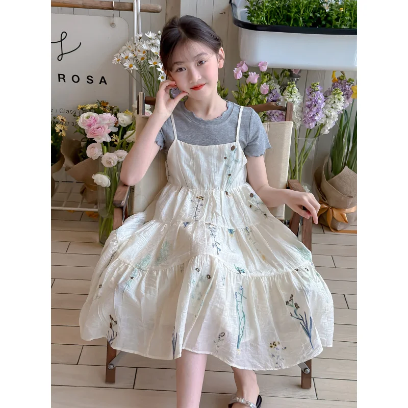 

Girls' Dress Set2026Summer new stylish floral suspender dress for older children, Korean-style princess dress