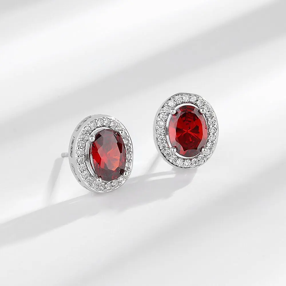 

Buyee 925 Sterling Silver Female Stud Earring Oval Red Crystal Stone Earring for Women Luxury Wedding Fine Jewelry Earring