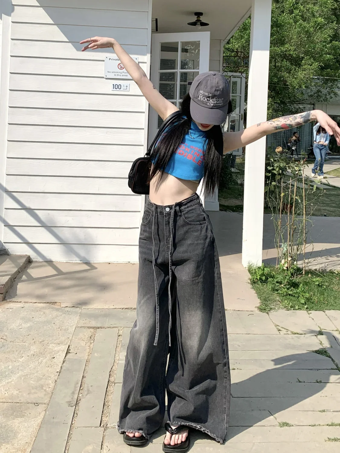 QWEEK Y2K Vintage 90s Black Jeans Grunge Distressed Baggy Denim Pants Female Oversize Korean Style Retro Basic Wide Leg Trousers