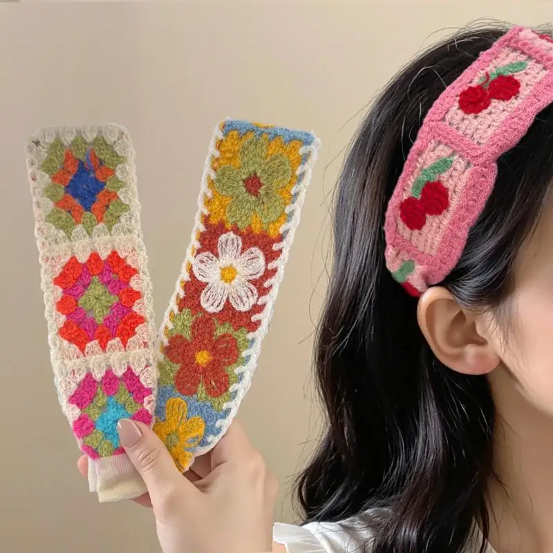 Gestricktes Buntes Blumenmuster Magic Tape Stirnband für Frauen und Mädchen Süßes Haar-Ornament Kopfbedeckung Stirnband Modisches Haar-Accessoire – Detail 4