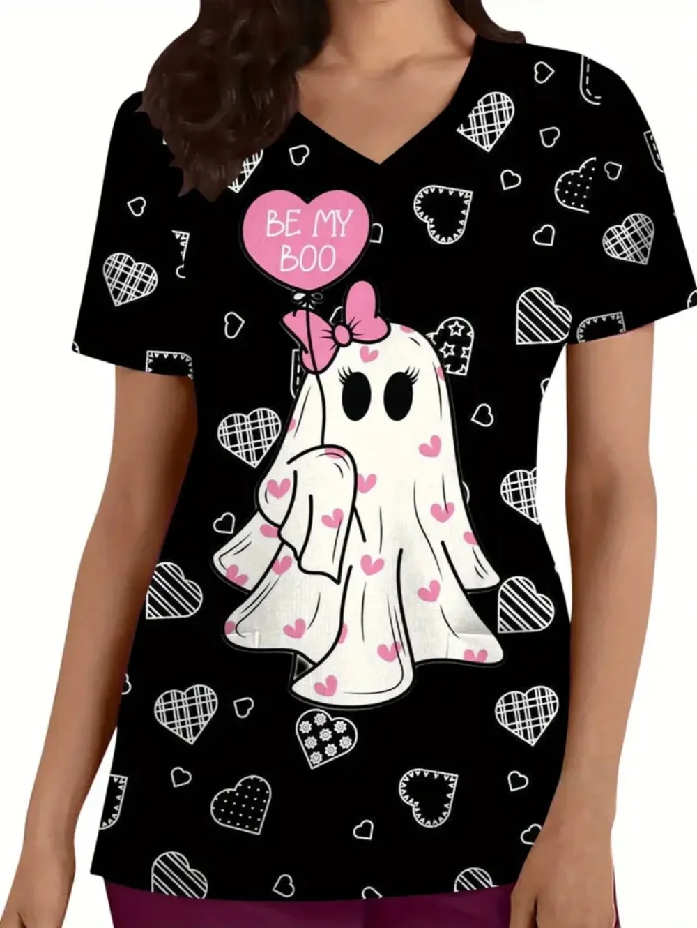 

Halloween Surgical Uniforms Woman Cute Print with Hearts Bats Print V Neck Short Sleeve with Pockets Scrubs Uniform Woman Tops