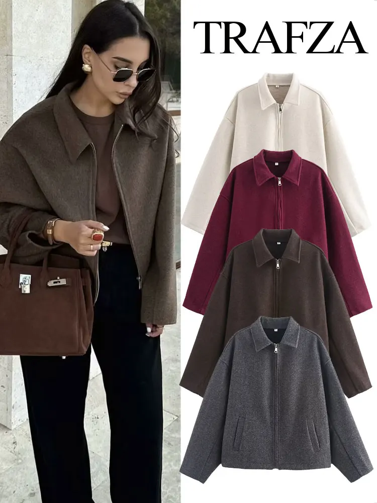 

TRAFZA 2025 Women's Spring Fashion New Solid Color Casual Woolen Coat Retro Lapel Zipper Pocket Coat Elegant Women's Street Wear