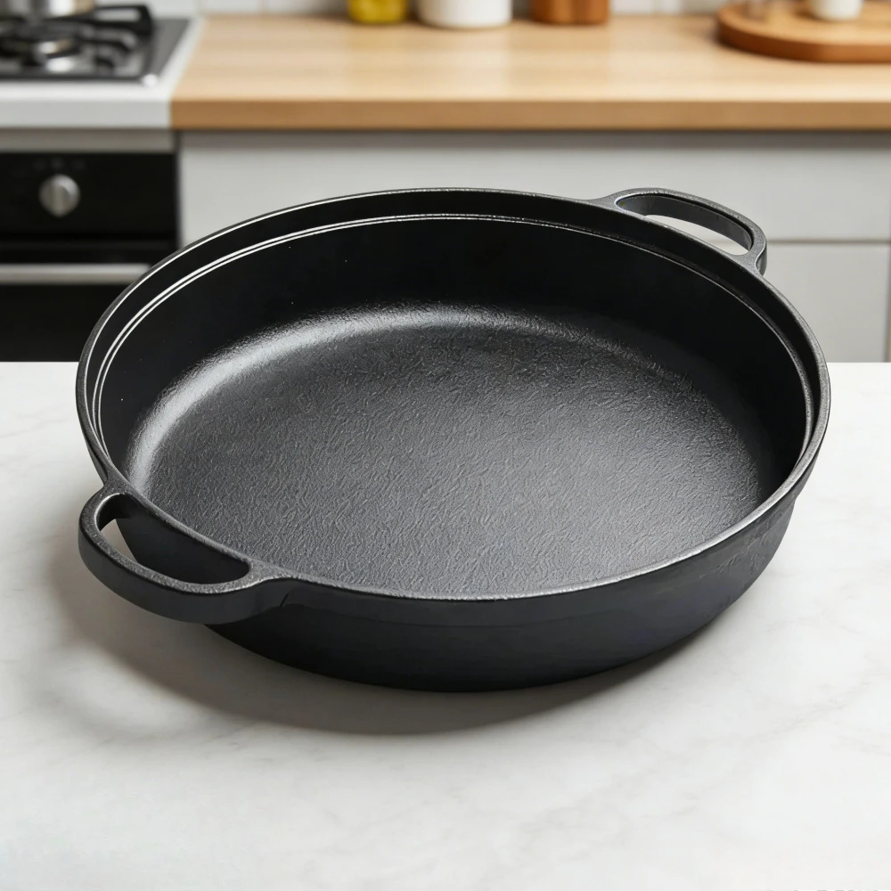1PCS Cast Iron Skillet with Handle Round Flat Bottomed Frying Pan for Fried Steak Bread Pizza Outdoor Cooking Camping Supplies