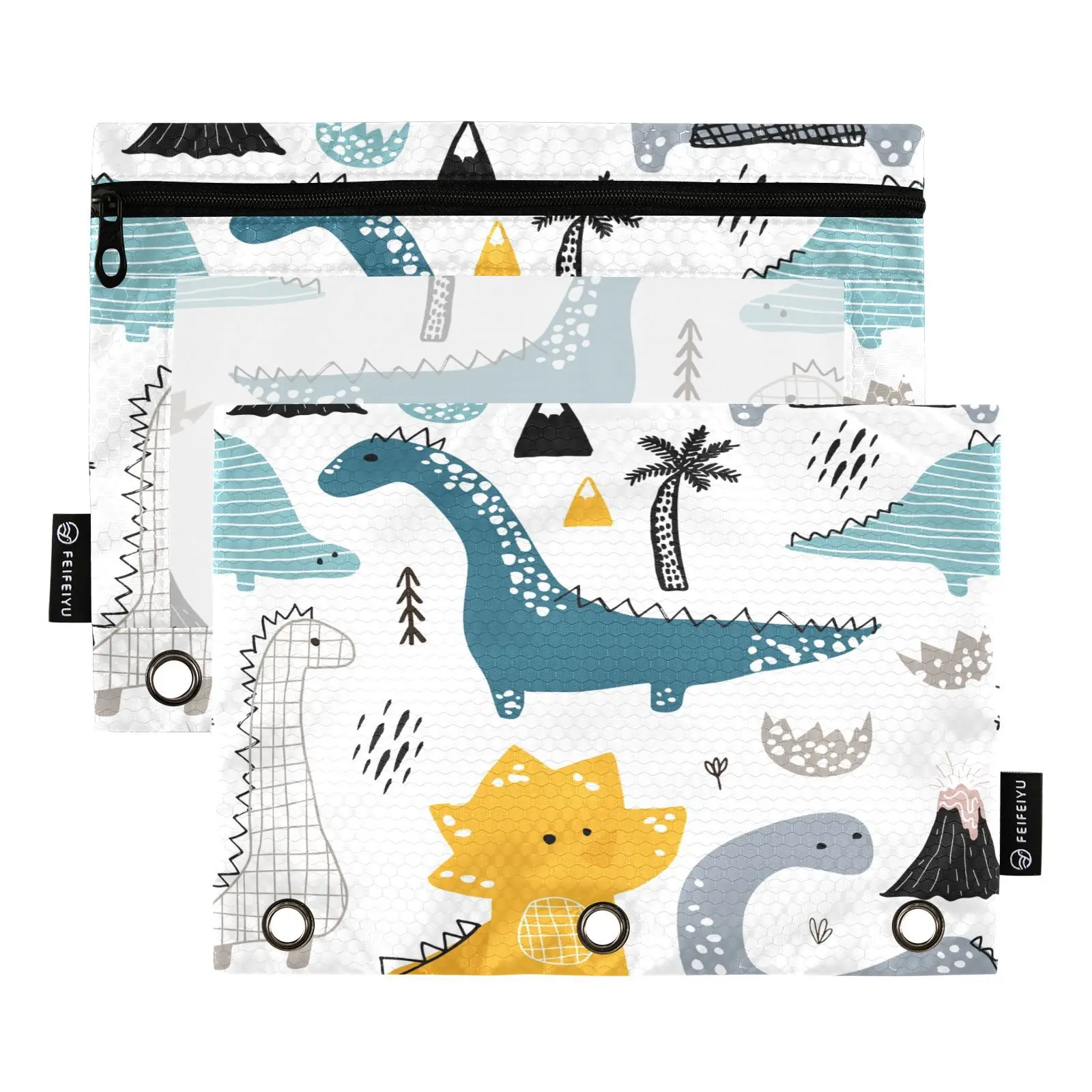 Pencil Case Zipper Transparent Loose-Leaf Binder Cloth School Stationery File Cartoon dinosaur Storage Bag Office Storage Box