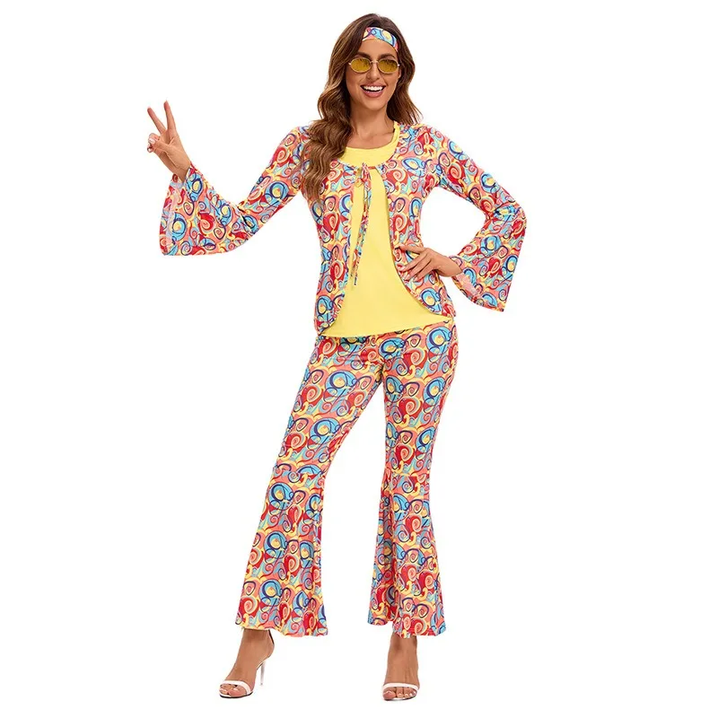 Carnival Cosplay Costume Couple Retro 70S Top Pants Two Piece Set Holiday Theme Party Role Playing Outfits for Adult Women Men - view 2