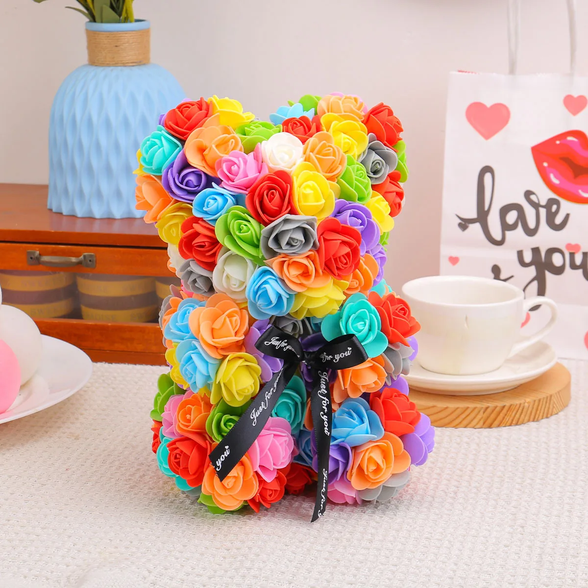 

22cm Rose Bear Heart Artificial Flower Rose Teddy Bear For Women Valentine's Wedding Birthday Christmas Gift For Girlfriend Kids