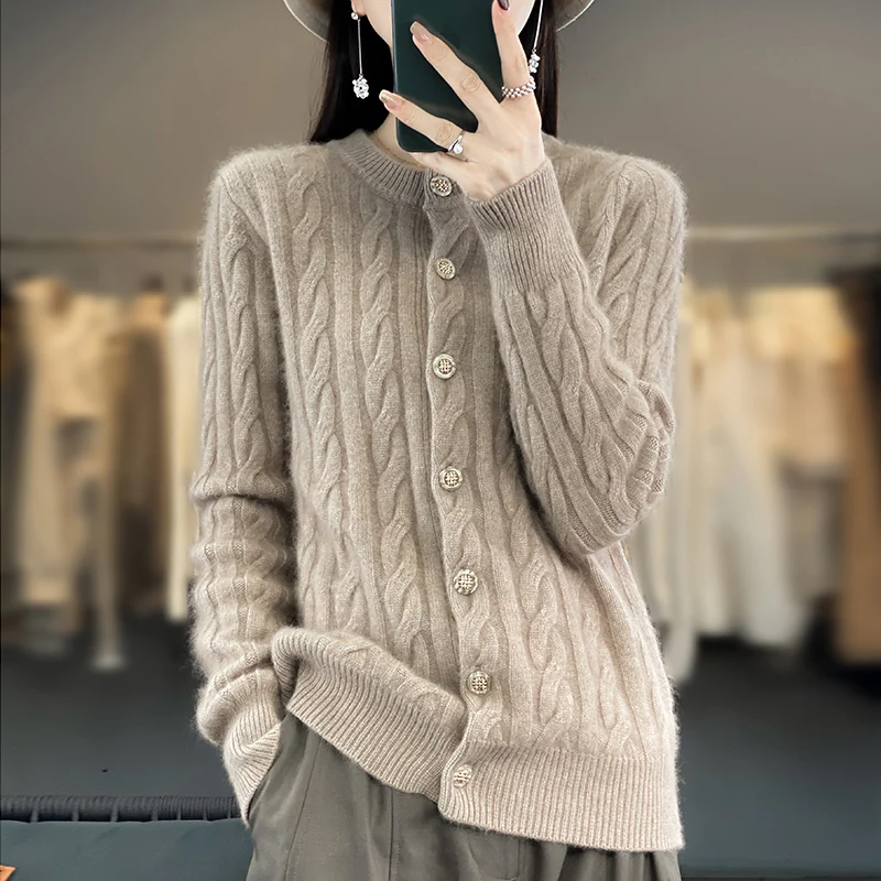 RONGYI 100% Mink Cashmere Knitted cardigan Solid Sweater 2023 Autumn Winter New Woman Clothing O Collar Thickened Overcoat Top