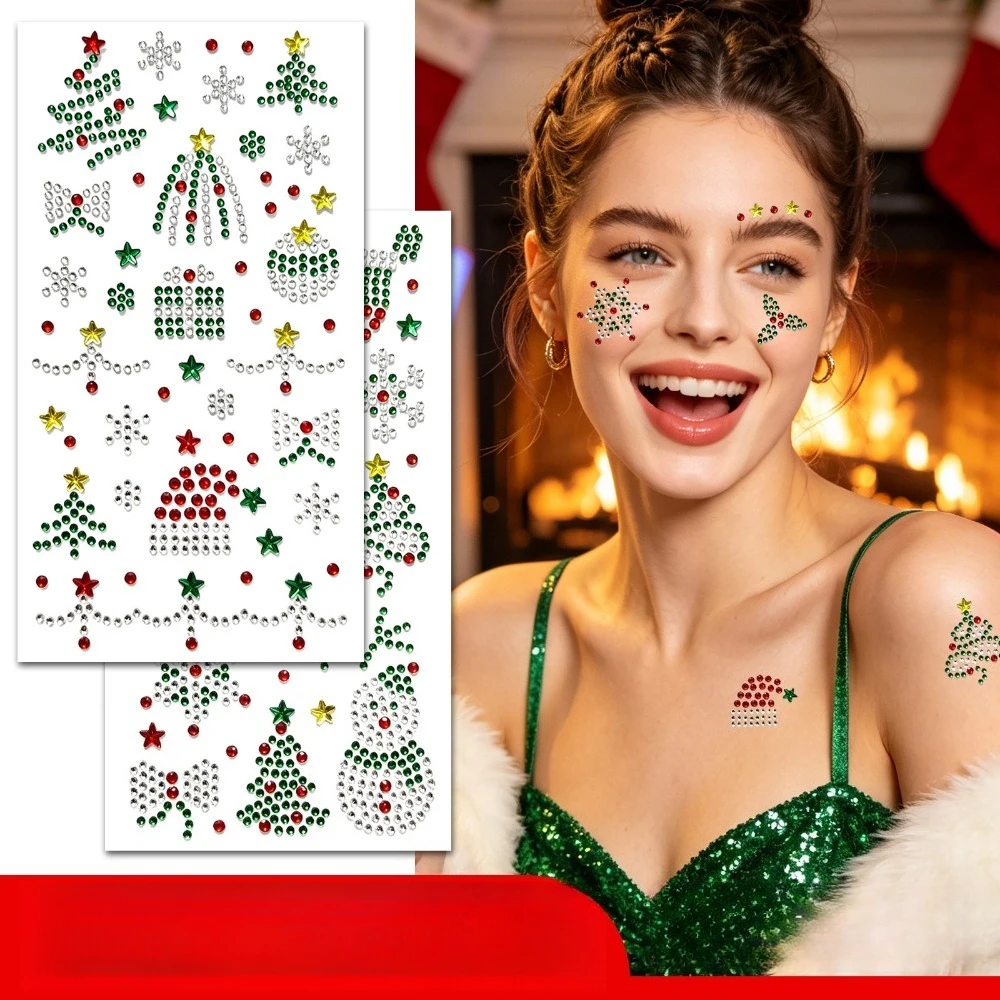 Christmas Rhinestone Stickers Colorful Sparkling Christmas Tree Snowflakes Crystal Gems Face Stickers for Women Makeup Party Diy