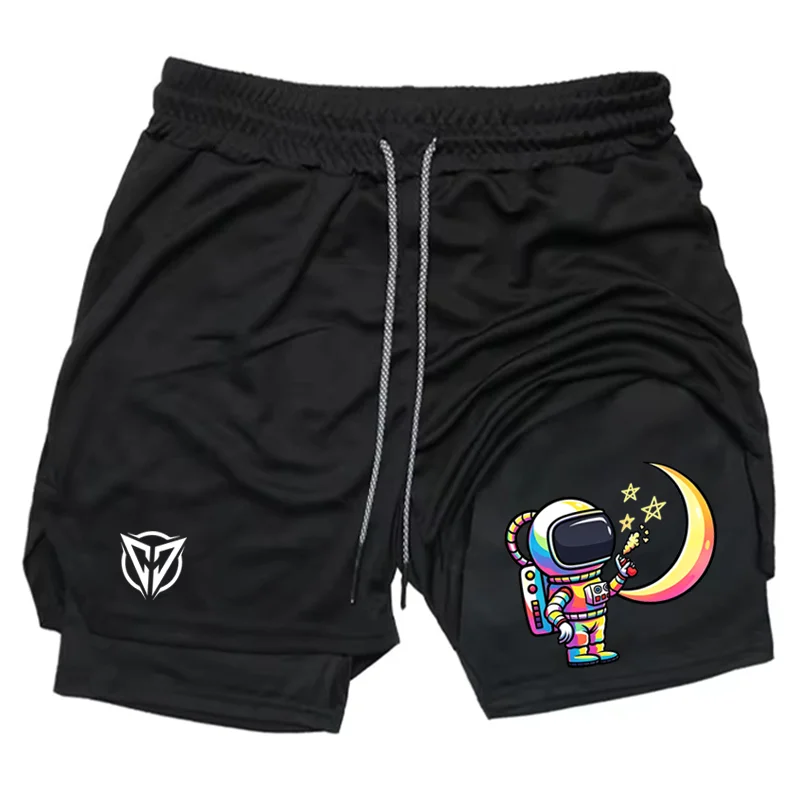 Graphic 2 in 1 Workout Running Shorts for Men Athletic Quick Dry Shorts with Phone Pocket Towel Loop Gym Shorts Activewear WX184