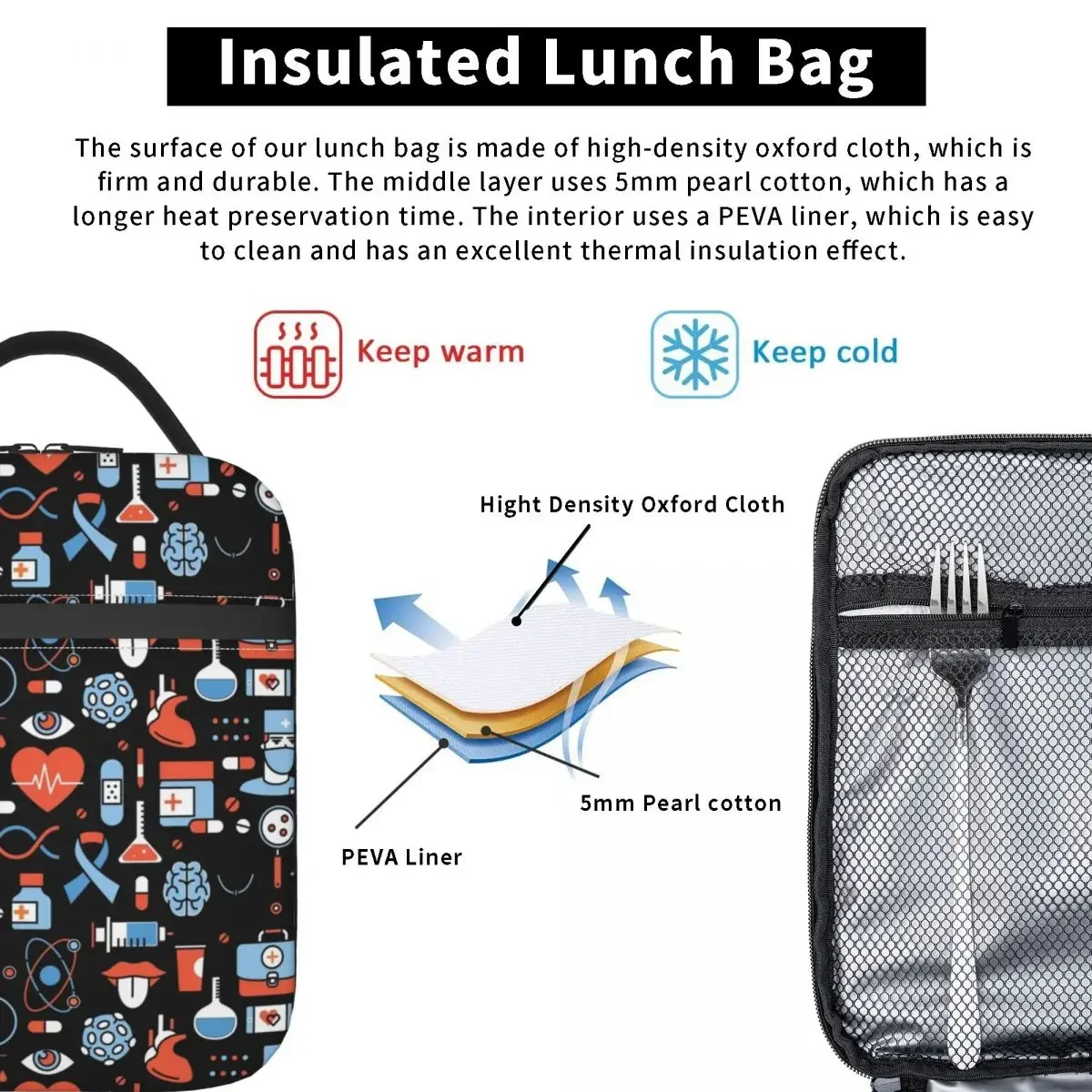 Sac à lunch de dessin animé personnalisé pour hommes et femmes, boîtes à lunch isolées thermiquement, sac d'infirmière, glacière pour l'école des étudiants