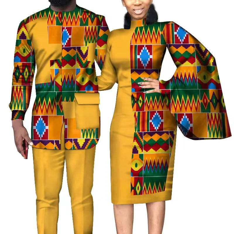 New African Clothes for Couples Bazin Riche African Print Dresses Groom Wedding Tuxedos 2 Pieces Sets Couple Male Prom Blazer