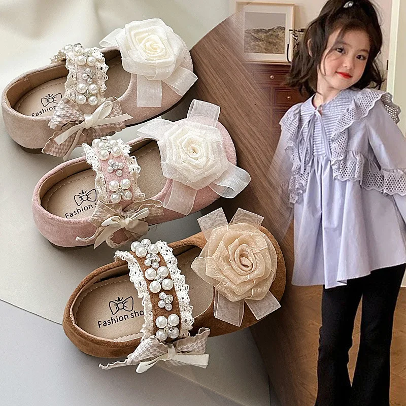 

Girls Flat Shoes Sweet Lace Flower Kids Performance Dance Shoes Round Toes 2025 Autumn New Children Princess MaryJanes Soft Sole