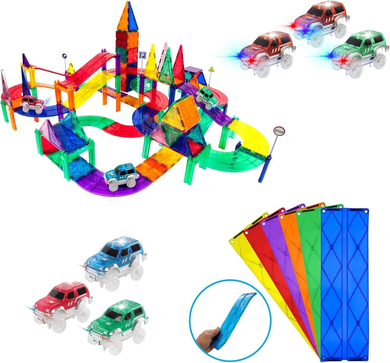 128 Stück magnetische Rennwagen-Schiene + 3 LED-beleuchtete LKW-Autos + 6 Stück Erweiterungsrampen-Fliesen Mega-Bundle: STEAM Learning, Enhance Constr