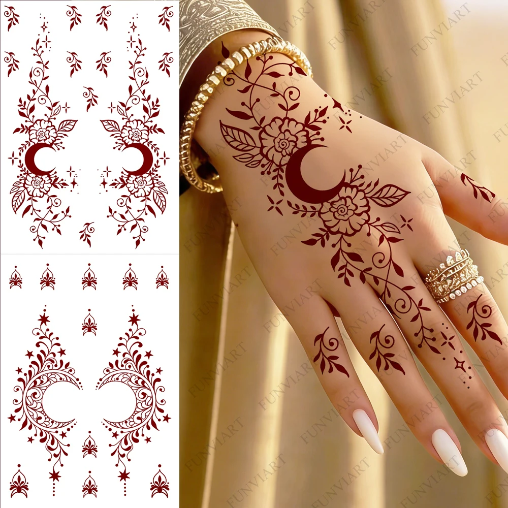 

Waterproof Moon Maroon Henna Tattoo Stickers Flower Temporary Tattoos For Women Mehndi Designs Fake Tattoo Festivals Body Makeup