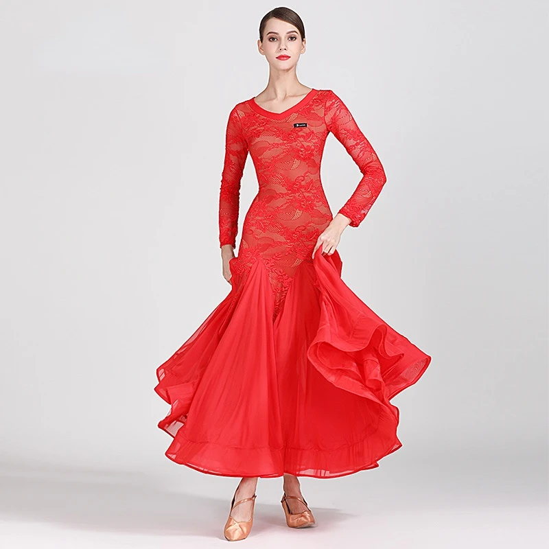 Adult Black Red Lace Standard Ballroom Dance Romantic Big Swing Skirt Girls Waltz Tango Galop Moden Competition Long Dress