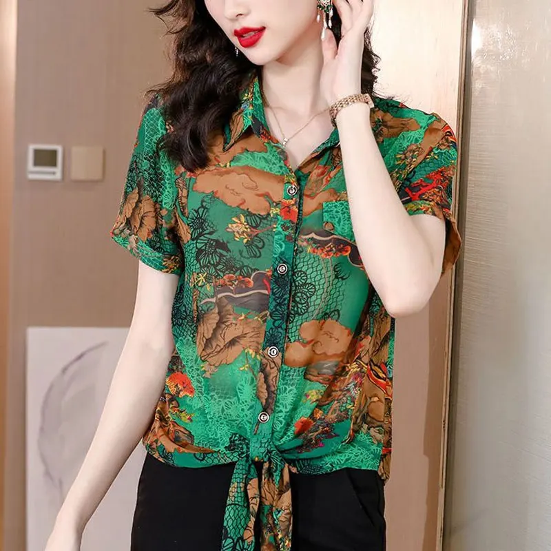 Office Lady Vintage Printed Shirt Stylish Bandage Summer Short Sleeve Single-breasted Female Turn-down Collar Spliced Blouse New