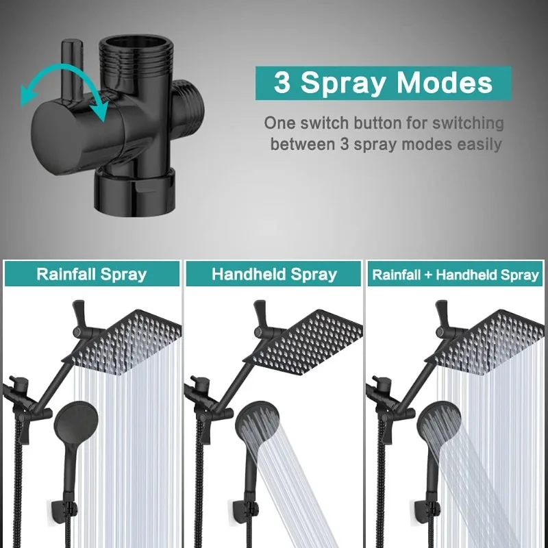 

Shower Head, 8‘’ High Pressure Rainfall/Handheld Shower Combo with 11'' Extension Arm, 9 Settings