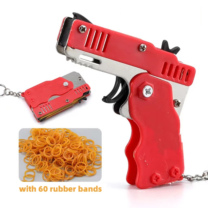 Metal Burst Rubber Band Toy - Mini Folding Launcher Toy With Keychain And 60pcs Rubber Bands,Perfect Gift for Christmas