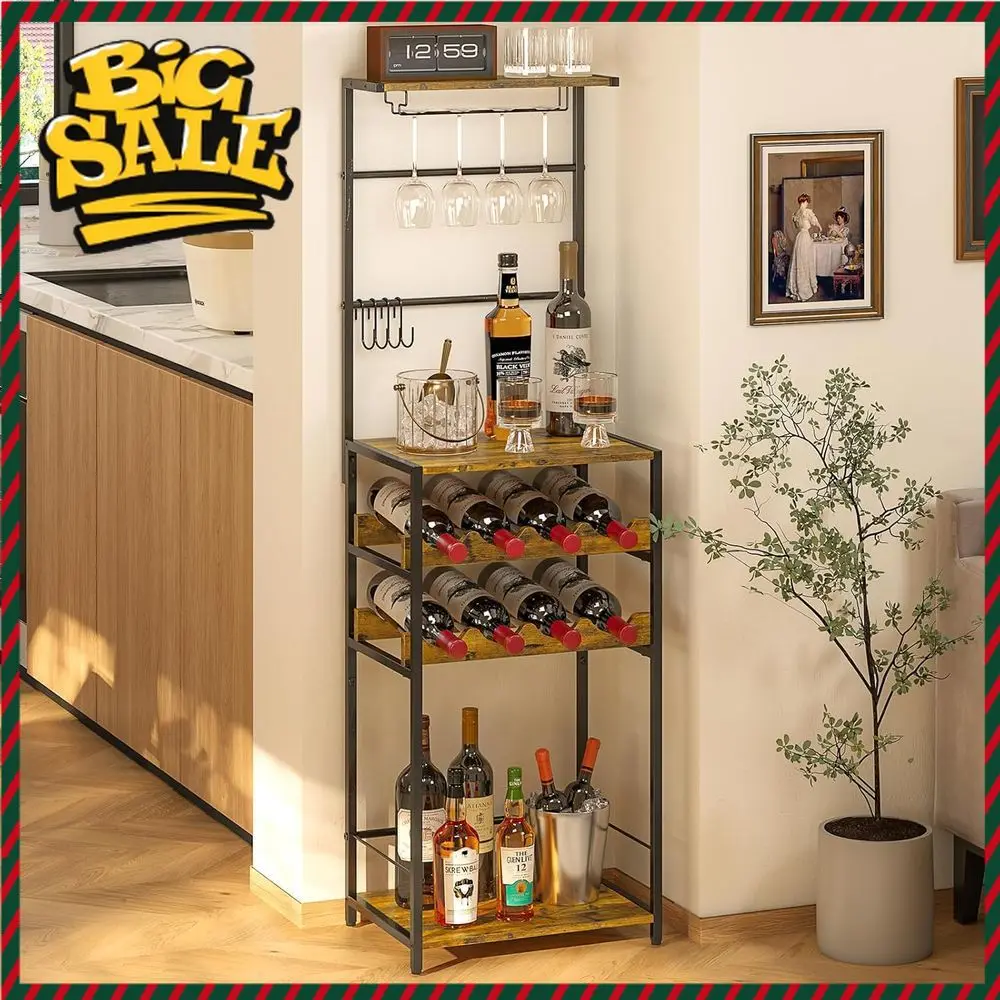 

Бестселлер: 5-уровневая напольная винная полка с держателем для бокалов и крючками, компактный мини-бар для дома, вмещает 8 бутылок