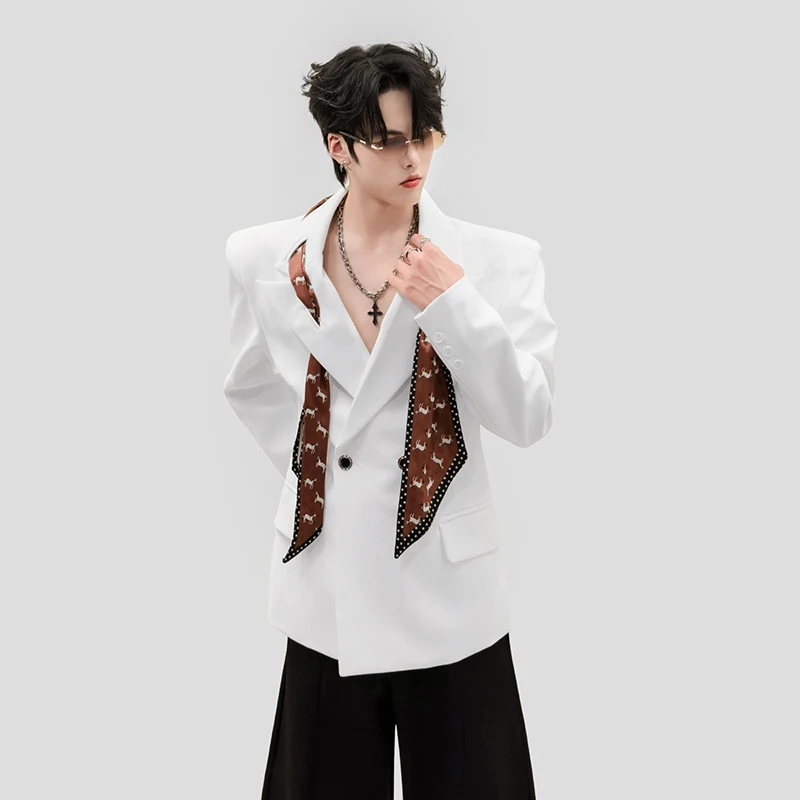 French Scarf Decor Shoulder Padded Blazer Men Casual Waist Cinched Suit Lapel Single Button Street Outer Jacket VDX4