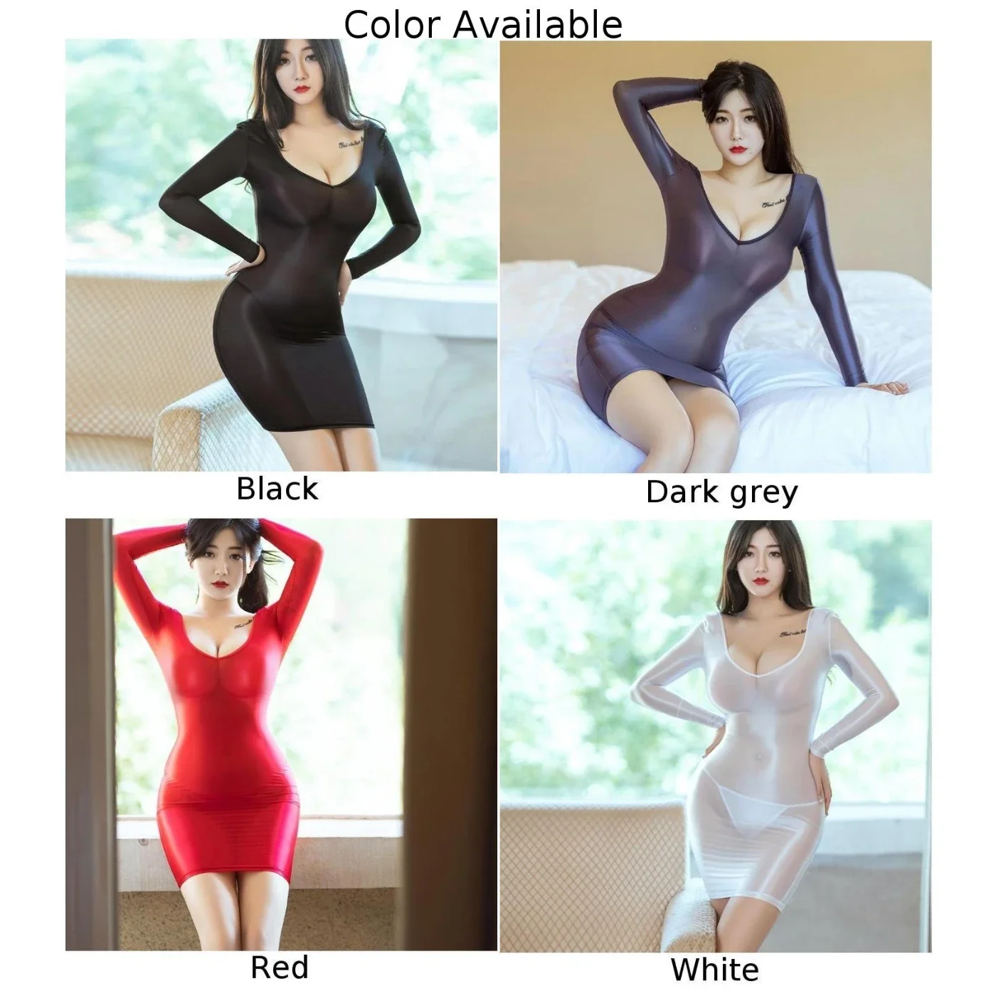 Women\'s Ultra Thin Transparent Bodycon Dress Sexy Oil Glossy Tight Long Sleeve Cocktail Dress Nightclub Party Erotic Wear