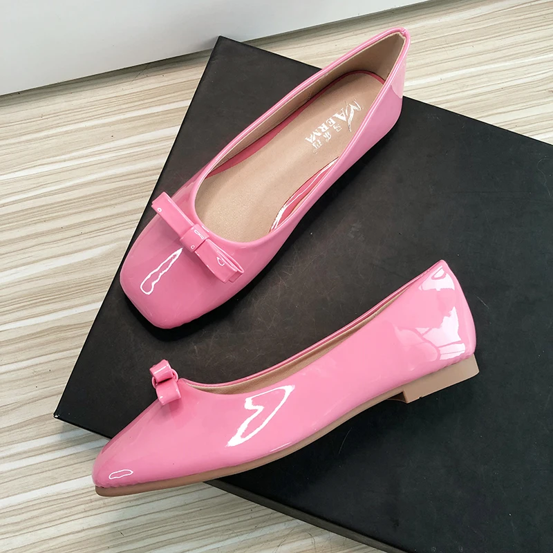 Women Flats Shining PU Leather Flat Shoes For Women Solid Color Square Toe Bowknot Size 33-43 High Quality Slip on 2022 Summer