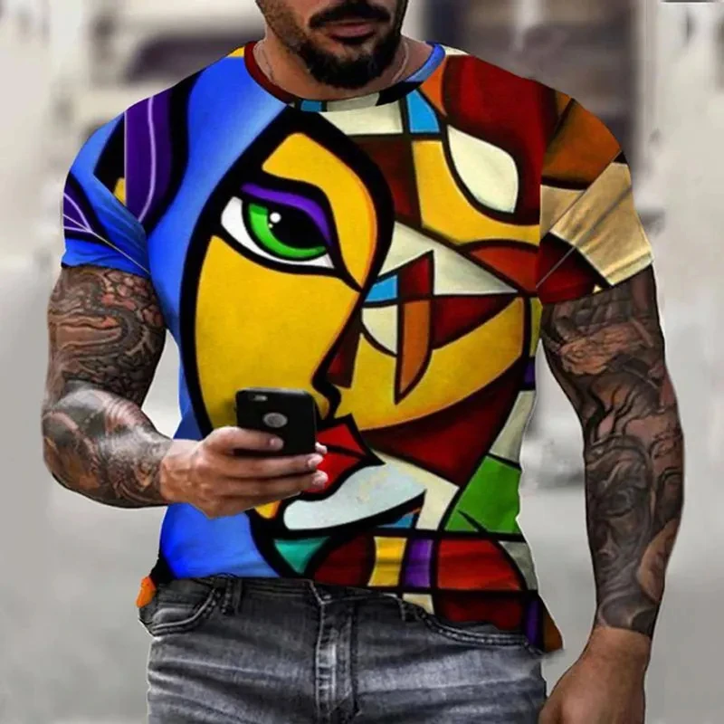 Picasso Abstract Painting T-shirt Men's 3D Printed Street Graffiti Round Neck T Shirts Personality Harajuku Popular Tees Top