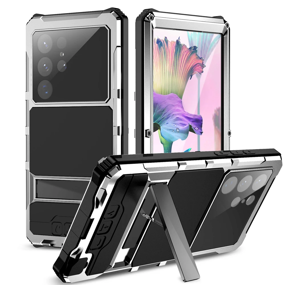 Heavy Duty Tempered Glass Case For Samsung Galaxy S24 Ultra S23 Ultra S22 Ultra Bracket Metal Anti Fall Case Camera Protective