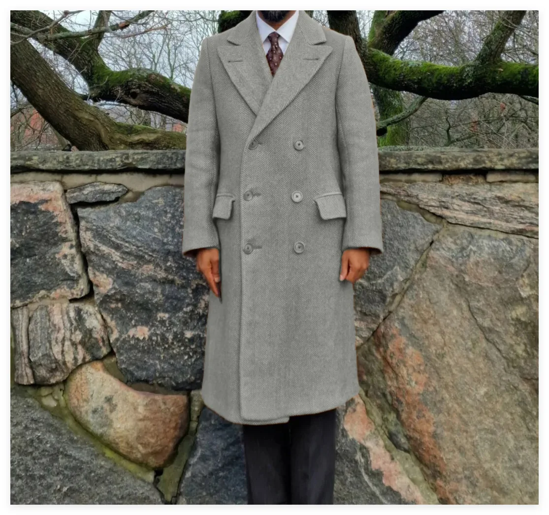 เสื้อโค้ทลายก้างปลาสำหรับผู้ชาย ฤดูใบไม้ร่วง ฤดูหนาว ทรงเข้ารูป กระดุมสองแถว แบบยาว ป้องกันลม แฟชั่นลำลอง ธุรกิจ งานเลี้ยง