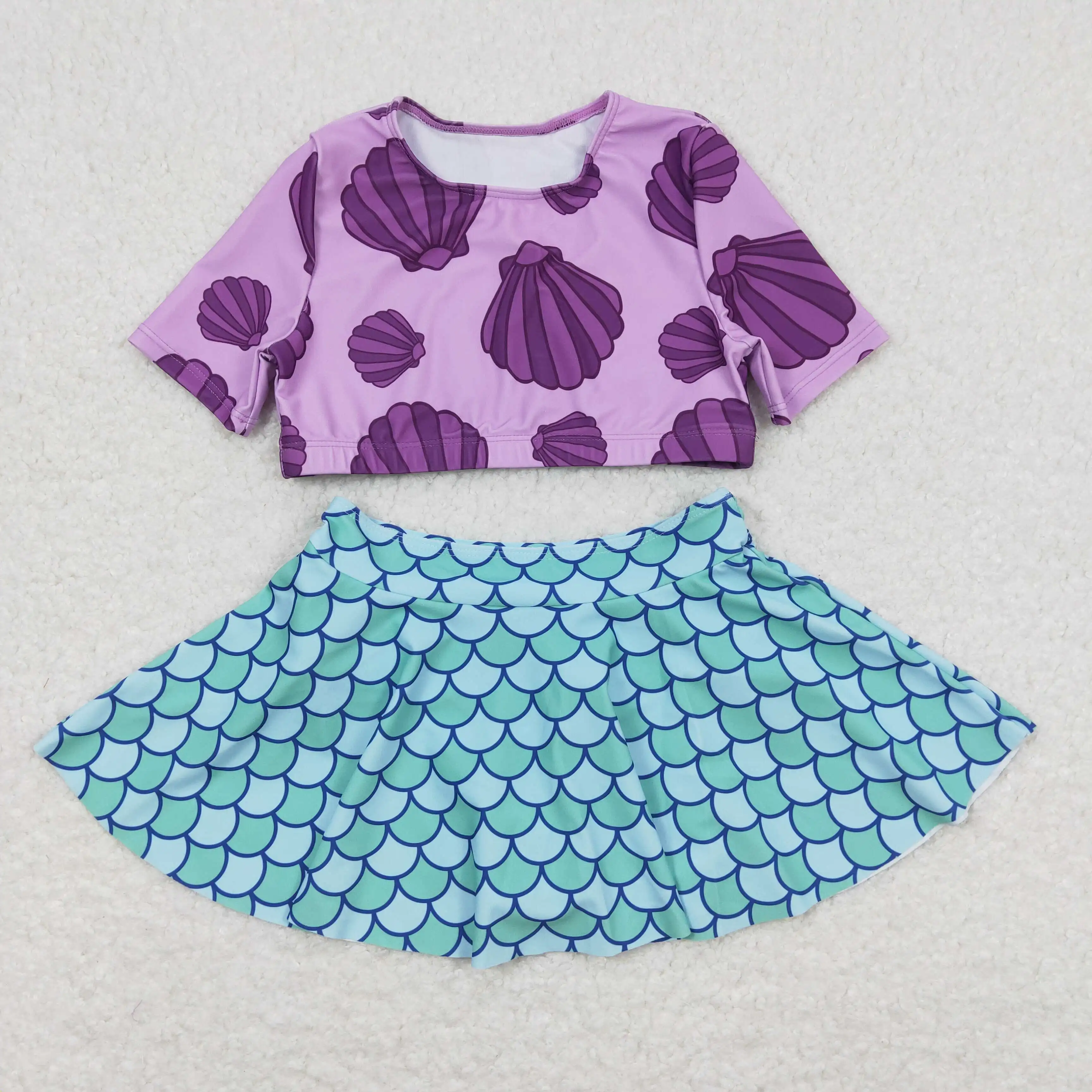 S0222 Wholesale Kids clothes girl Swimwear Shell Purple Short Sleeve Pattern Skirt Swimsuit Set Bikinis baby girl clothes Sets