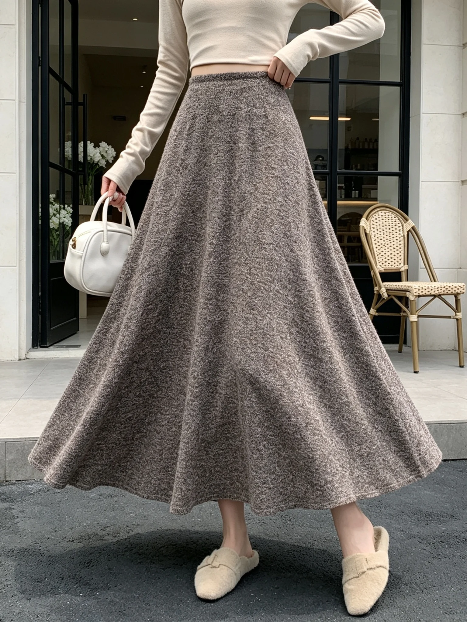 Sweet Snowflake Knitted A-Line  Skirt Women's High Waist Elastic Waist Slimming Autumn Winter New Style Premium Feeling