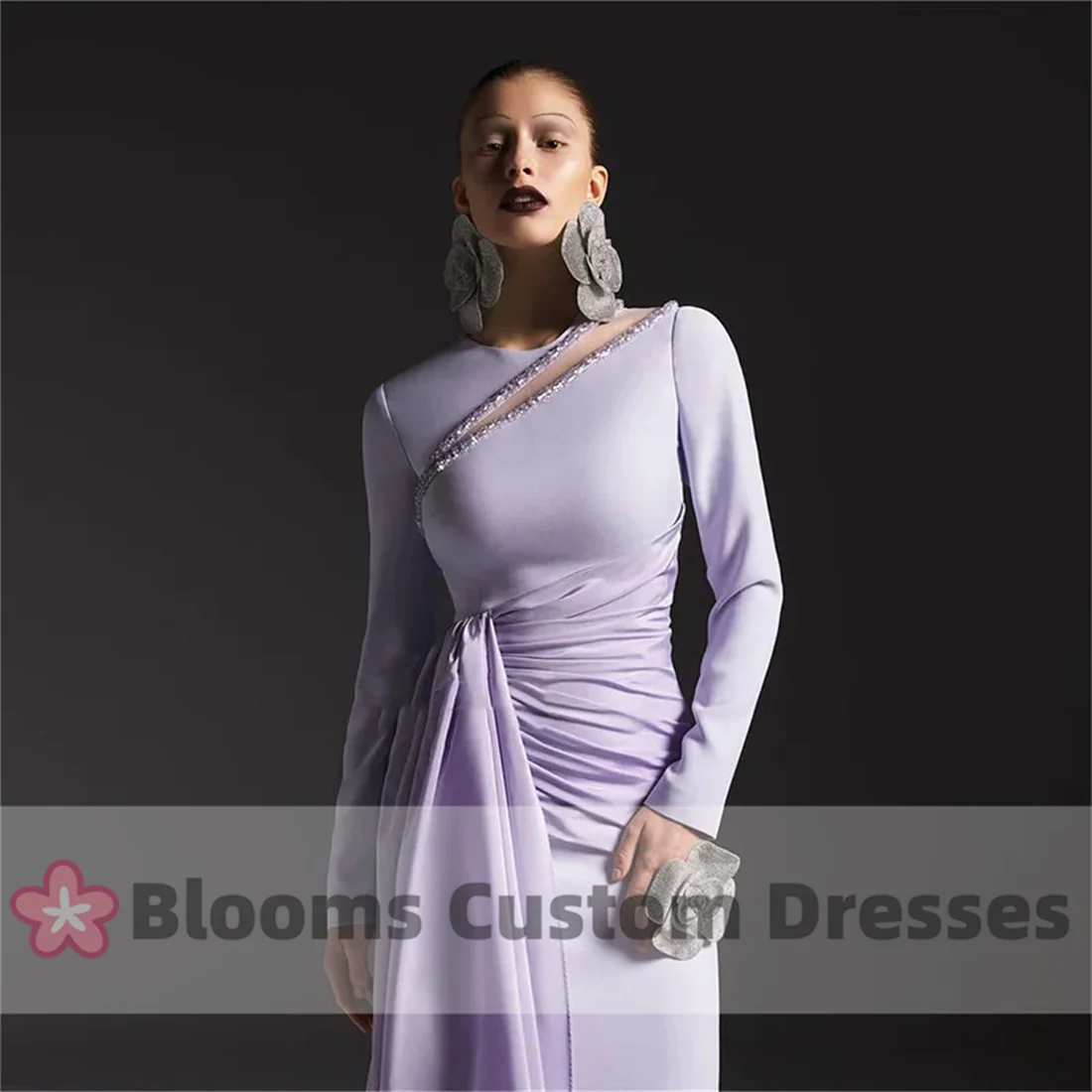 Blooms Elegant Light Purple Mermaid Customized Evening Dress Crystal Beads Formal Occasion Prom Dress Long Sleeve Party Gown