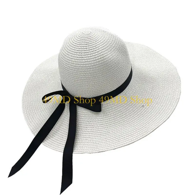 49MD Elegant Floppy Straw Hat Woman Foldable Wide Side Casual Female Hat Sunshades Top Cap with Bowknot Travel Sun Cap