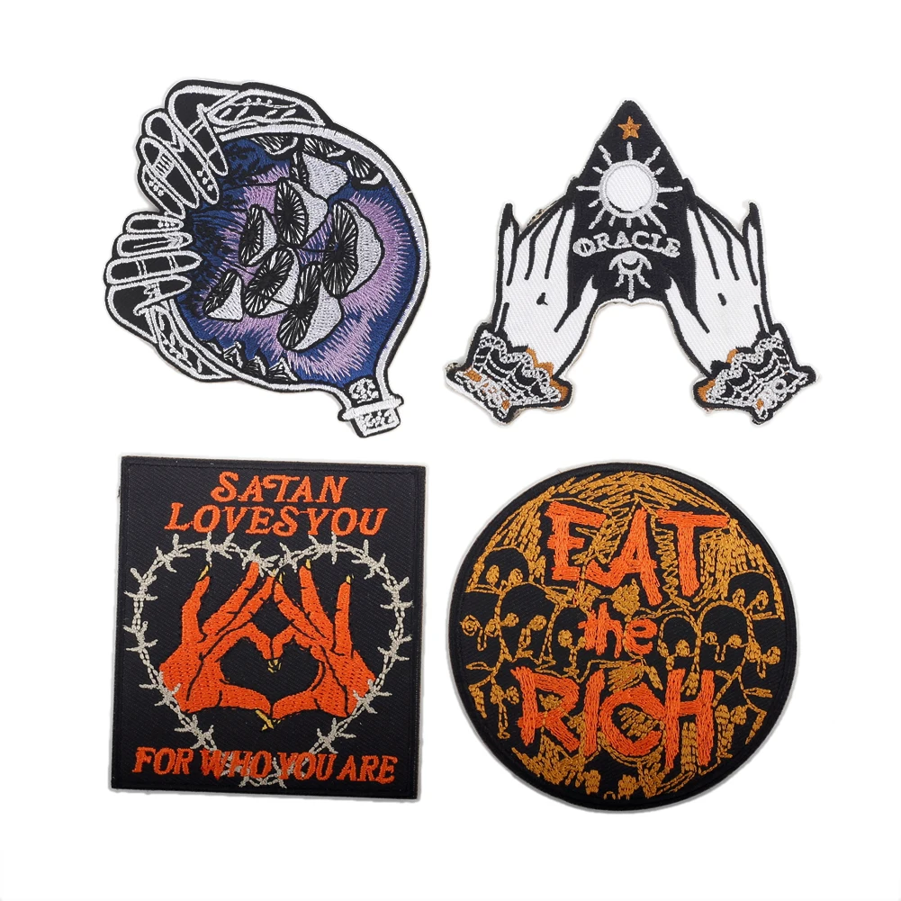 Four Unique Embroidered Patches Dark Embroidery Art Collection Iron-On Fabric Patches Punk Dark Love Wealth Devouring Applique