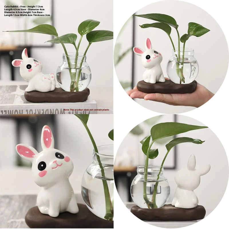 Transparent Glass Vase Tabletop Decoration Cute Rabbit Hydroponic Plant Vases Aquatic Flower Bottle With Wooden Base