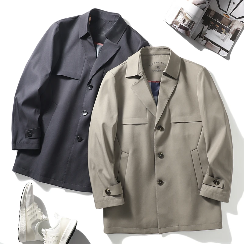 

Sli Men's Cheered Lined Busin Casual Mid-Length Windbreaker Coat Autumn Faion Urban Loose Fit Single Button ket