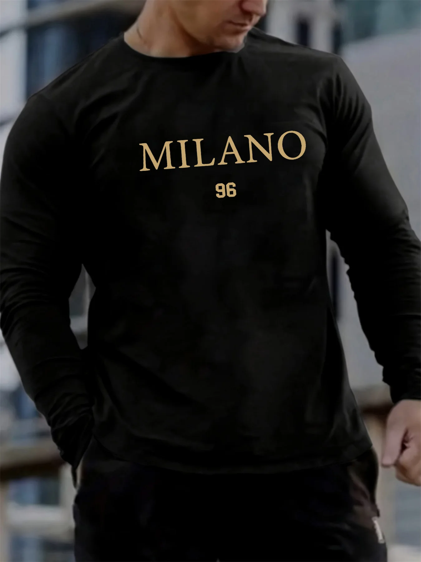 Men's Basic Loose And Comfortable Casual Sports Milano 96 Letter Printed Round Neck Sports Long Sleeved T-shirt Top