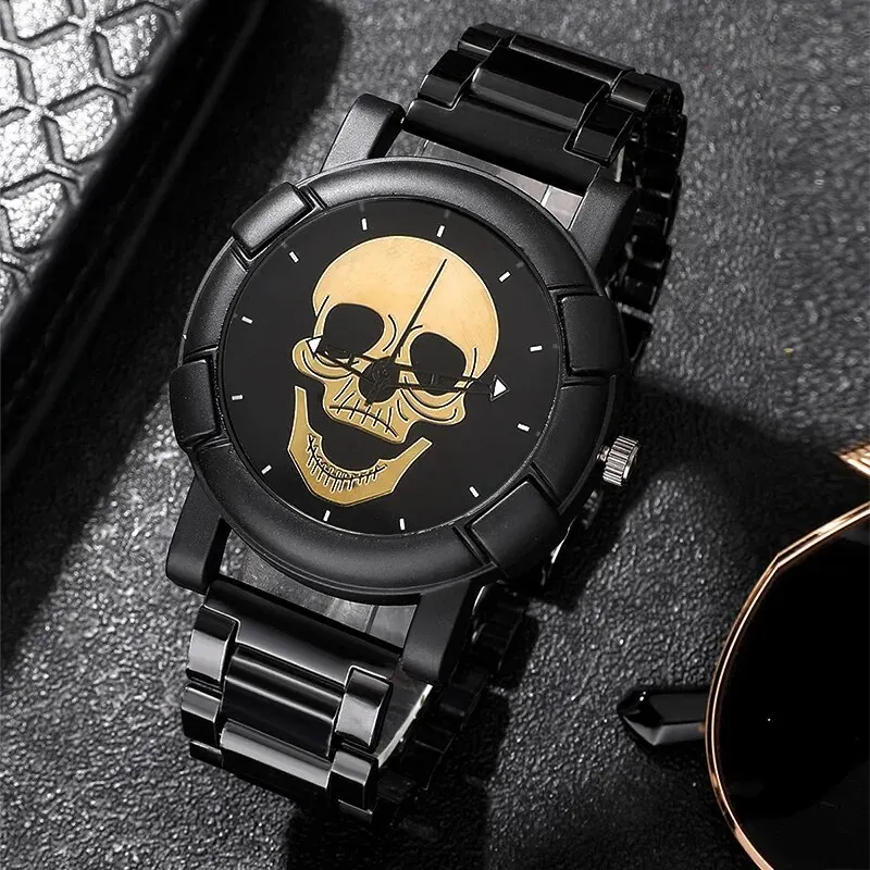 Mens Black Watches Luxury Stainless Steel Men Fashion Watch Big Skull Dial Business Casual Watch Reloj Hombre