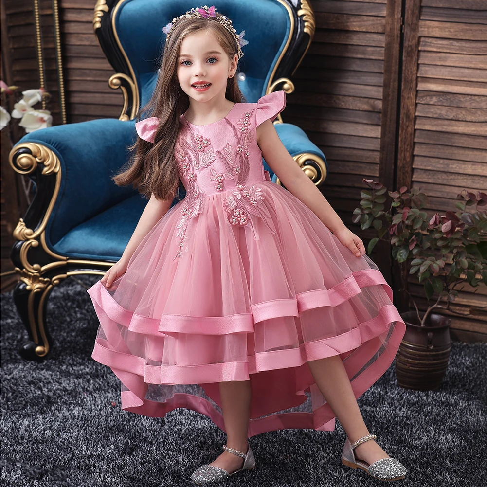 Pink Girl Embroidered Beaded Princess Dress For 3 to 12 Year Girl Tail Party Dress Kid School performance costumes