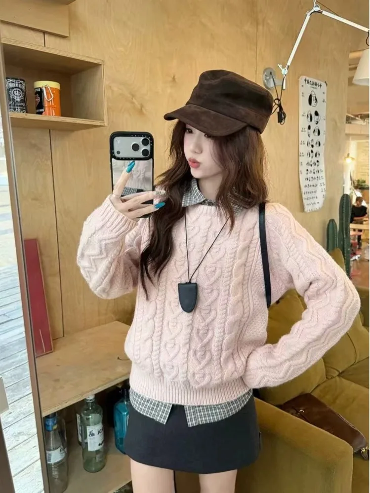 

Loose Fit Women's Pink Twisted Knit Sweater Autumn Winter Lazy Sle Overhead Inner Wear Soft Comfortable Long Sve round Ne