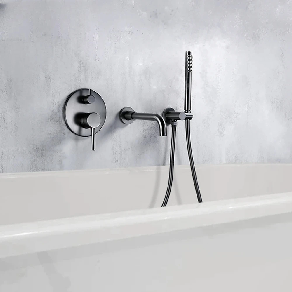 Grey Solid Brass hand shower Tub Spout Two Ways Hot Cold Mixing Bathroom Faucet Kit Smesiteli Brushed Stainless Steel Gun