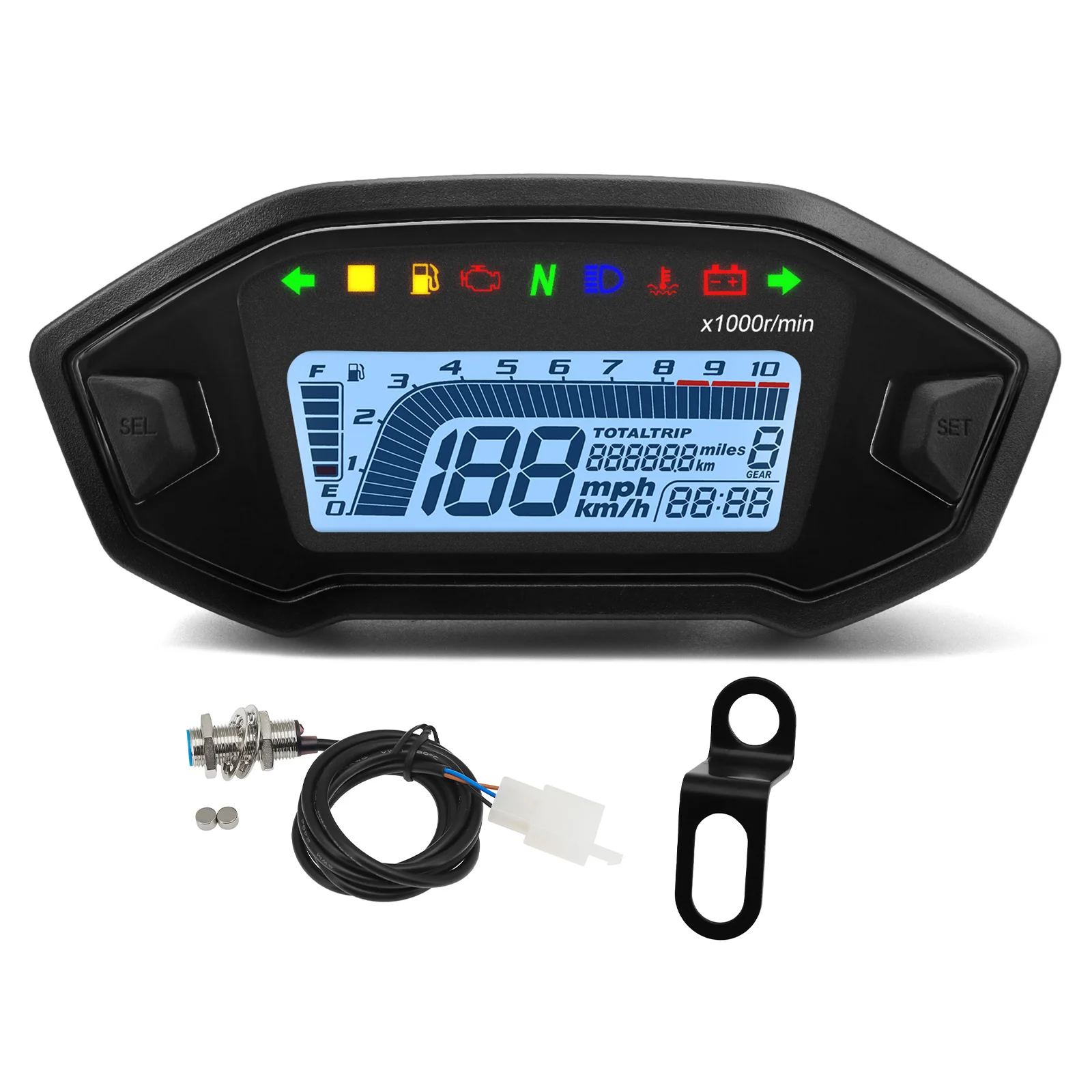 MotorcycleDigital Speedometer Tachometer Instrument Dashboard Panel Motorcycle LCD Display 10000RPM for 2-4 Cylinder 7 Colors