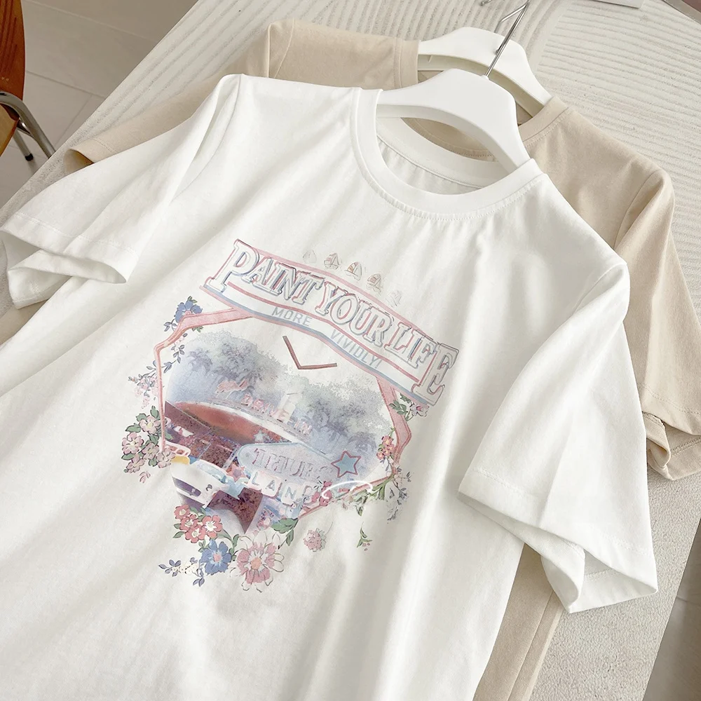 เสื้อยืดคอกลมผ้าฝ้ายแท้ สไตล์ลำลอง ใส่ได้หลากหลาย ช่วยให้ดูผอมลง เหมาะกับการเดินทาง สไตล์เกาหลี ทรงตรง