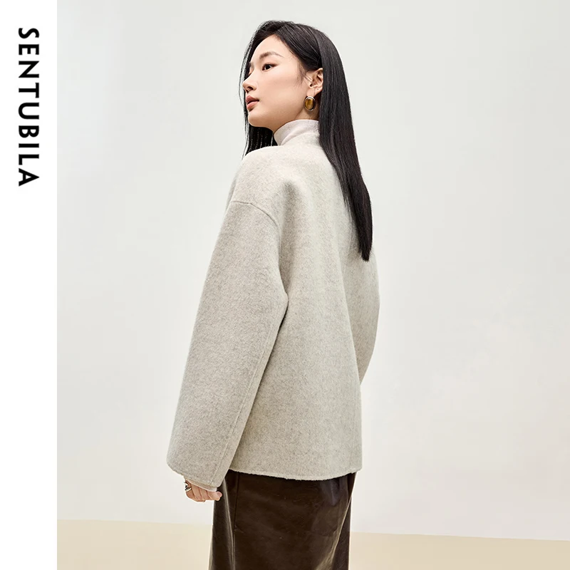 SENTUBILA Chinese Style Woolen Coat Straight Double Sided Tassels Button Stanf Neck Irregular Temperament Overcoat W44O56046